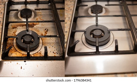 Dirty gas stove stained while cooking, a stove in grease. Unsanitary conditions, a mess in the house. Collage before and after cleaning from dirt. - Shutterstock ID 1796384341