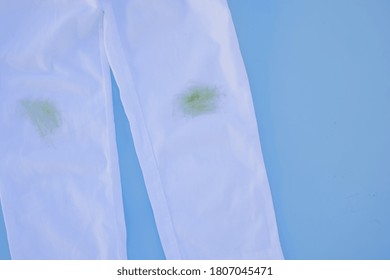Dirty Grass Stain On White Pants.Isolated On Blue Background.daily Life Dirty Stain For Wash And Clean Concept