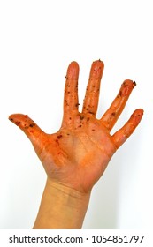 Dirty Greasy Child Hand After Eating Sauced Food