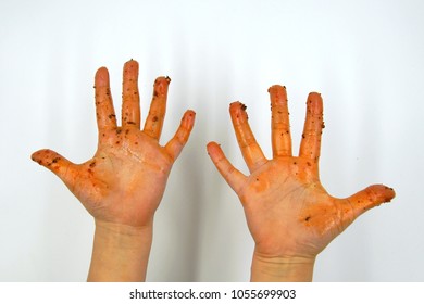 Dirty Greasy Child Hand After Eating Sauced Food