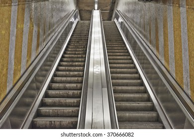 Dirty And Grungy Escalator From Brussels Subway