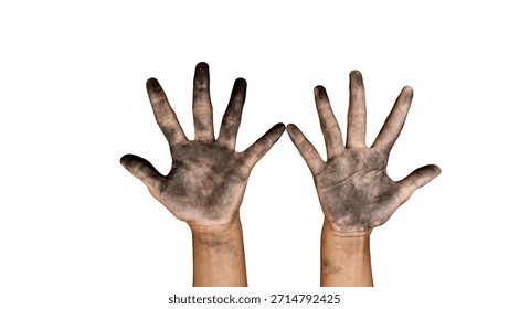 Dirty hands of a worker shown in closeup, representing hard work, manual labor, and real-life industry conditions. The image focuses on rough, unclean human hands covered with dirt, dust, grease, and grime, highlighting the effort of a laborer working in construction, farming, or industrial jobs. This powerful visual concept reflects manual work, tough working conditions, and the importance of hygiene and safety in physical occupations. The adult male worker’s hands symbolize dedication, strength, and responsibility in professional and underground labor environments. Ideal for concepts related to hard work, manual jobs, industry, construction workers, problem-solving, and real human effort. Perfect for business, education, safety awareness, and occupational health themes.