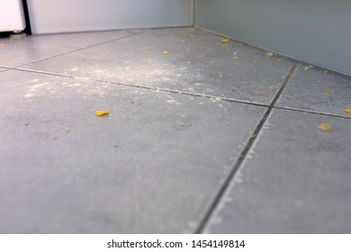 Dirty Kitchen Floor With Food Leftovers, Flour, Corn Flakes After Cooking. Close-up View