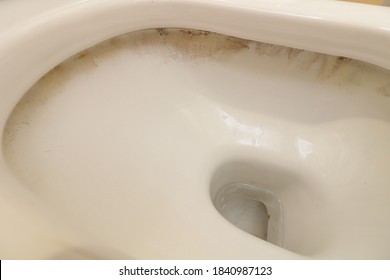 Dirty limescale below toilet rim 