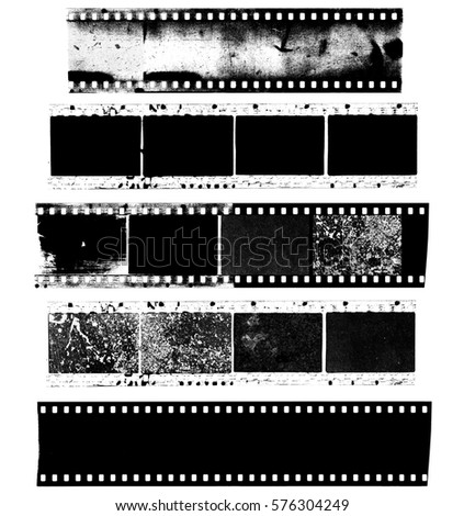 Dirty, messy and damaged strip of celluloid film on white background