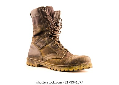 Dirty Military Style Light Ankle Boots Isolated On White Background - Front View