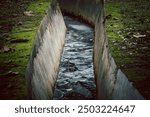 A dirty, narrow, and muddy waterway. The water is murky and the grass is overgrown