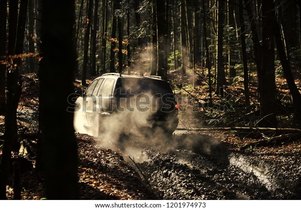 Dirty offroad car with fall forest on background\
on sunny day. SUV covered with mud on path covered with leaves.\
Crossover with red light turned on, driving with cloud of smoke.\
4x4 racing concept.