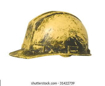 Dirty Oil Filled Hard Hat Contractor Helmet Isolated On White