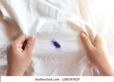 Dirty Pen Ink  Stain On Fabric From Accident In Daily Life. Concept Of Cleaning Stains On Clothes Or Cleaning The House. Selected Focus