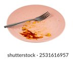 Dirty plate with food remains and a fork. On a white background