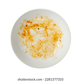 Dirty Plate Isolated, Empty Bowl after Dinner, Finished Lunch, Oil and Smeared Sauce on White Plate Background Top View