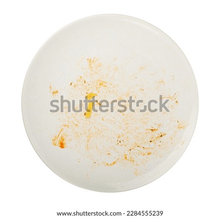 Dirty Plate Isolated, Empty Bowl after Dinner, Finished Lunch, Oil and Smeared Sauce on White Plate Background Top View
