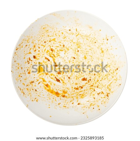 Dirty Plate Isolated, Empty Bowl after Dinner, Finished Lunch, Oil and Smeared Sauce on White Plate Background Top View, Clipping Path