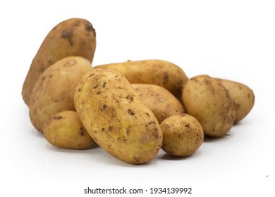Dirty potatoes isolated on white background. Pre-cut image for projects, flyer etc. Fresh unwashed potatoes with soft shadows. Front  view, horizontal shot