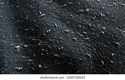 Dirty pulled threads clothes with pet hair. Rough and grunge background. Black fabric.