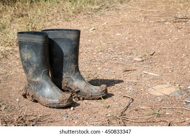 Dirty Rubber Boots In Farm.