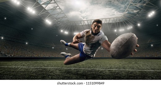 Dirty Rugby Player Catch The Ball In Flight On Professional Rugby Stadium