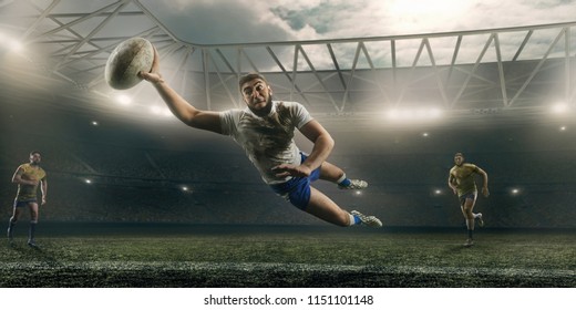 Dirty Rugby Player Catch The Ball In Flight On Professional Rugby Stadium