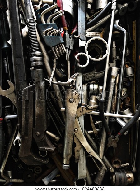 Dirty\
set of hand tools /vintage background with a\
tools