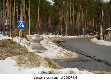 Dirty Snow Along The Road. Crosswalk. Transition Place Sign. Flip Flop