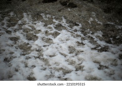 Dirty Snow By Road. Side Of Road In Winter. Blocks Of Ice Are Black. Snow Dump.