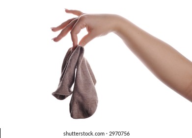 Dirty Sock In Hand Isolated On White