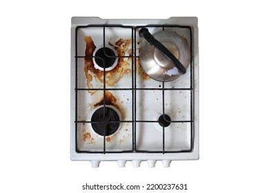 Dirty Splattered Unwashed Gas Stove, Top View, Isolate. Four-burner Stove With Old Kettle, On A White Background.