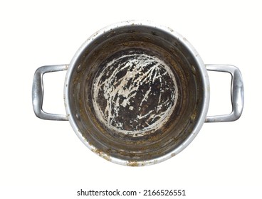 Dirty Stainless Steel Pan Isolated On A White Background, Top View.