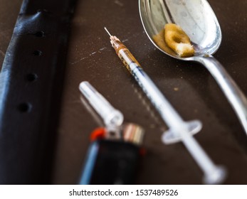 Dirty Syringe And Other Items For Intravenous Drug Use. Imitation