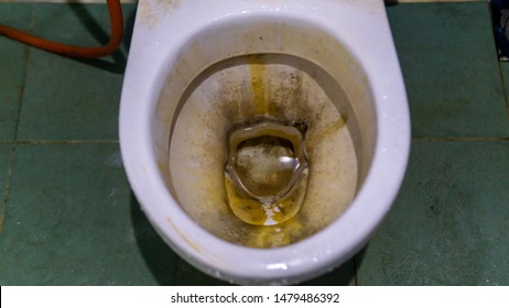 Dirty toilet bowl with yellow limescale stain in a house. Unhygienic, unclean and unpleasant toilet. 