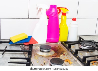 Dirty, Top Of The Gas Stove With Bits Of Food. House Cleaning.