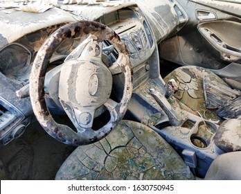 Dirty Transport Motorized Vehicle Damaged Car Interior After Flood Or Heavy Rain