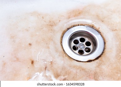 Dirty Unhygienic Kitchen Sink With Limescale And Rust, Dirty House And Kitchen Cleaning Concept.