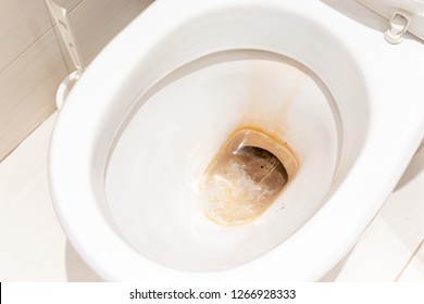 Dirty Unhygienic Toilet Bowl With Limescale Stain At Public Restroom Close Up.