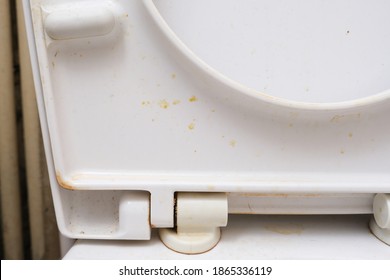 Dirty unhygienic toilet seat close up at public restroom - household and bathroom cleaning concept.