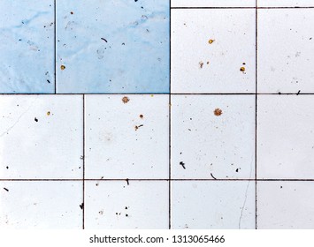 Dirty And Unhygienic White And Blue Square Bathroom And Kitchen Tiles Background. 