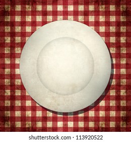 Dirty White Empty Plate On Red And White Checkered Tablecloth, Top View