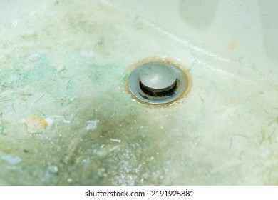 Dirty White Sink With Small Hair Parts. Hands Wash Basin. Bathtub Drain. Open Drainage. Untidy. Careless. Muddy. Grungy. Scruffy. Grubby. Shower. Wash. Washing. Stainless. Chrome. Steel. Washbowl