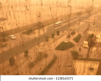 Dirty Window Of Dust Storm Texture With Blurry Background In Kuwait City.