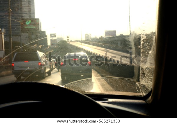 Dirty Windshield, Pollution Auto Glass dirty with
interior view in car
