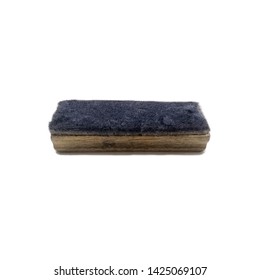 Dirty Wooden Whiteboard Eraser Or Duster Isolated On White Background. Blue Ink Marker Stains On Whiteboards Duster Concept.