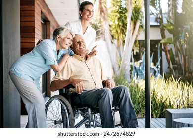 Disability, senior and couple with nurse in outdoor, wheelchair or medical healthcare service at nursing home. Man, woman and caregiver for injury therapy, support or gratitude on retirement wellness - Powered by Shutterstock