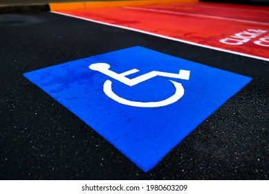 Disability Wheelchair Parking Reserved Space In Public Car Park, Australia.