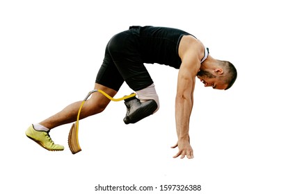 Disabled Athlete Amputee Leg Start Sprint Running On White Background