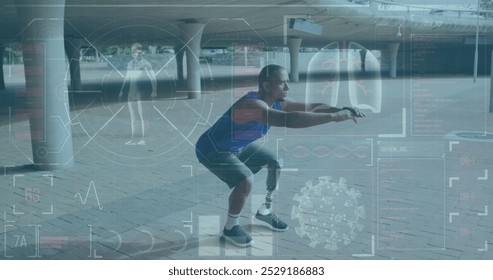 A disabled biracial man with a prosthetic leg is shown working out in an urban area, doing squats in slow motion - Powered by Shutterstock