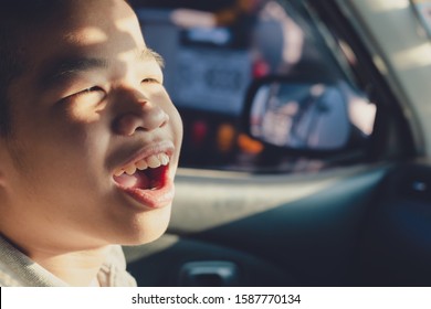 Disabled Child In Car With The Sun Light, Special Children's Lifestyle, Life In The Education Age Of Special Need Kids, Happy Disability Kid Concept, Selective Focus.