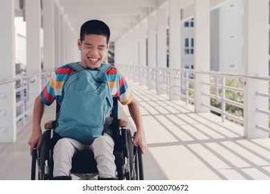 Disabled child on wheelchair enjoy learning how to use a wheelchair by yourself in hospital, Lifestyle in the education age of special need kid, Happy disability teen and diverse people concept.