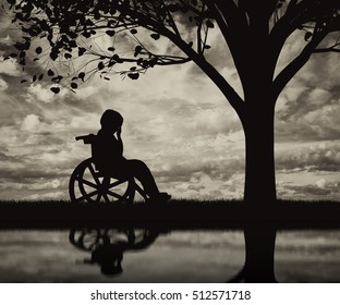 Disabled Child In A Wheelchair Crying Near Tree On Beach And Reflection. Concept Disabled Child