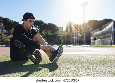 Disabled Man Athlete Ready For Training With Leg Prosthesis. Paralympic Sport Concept.